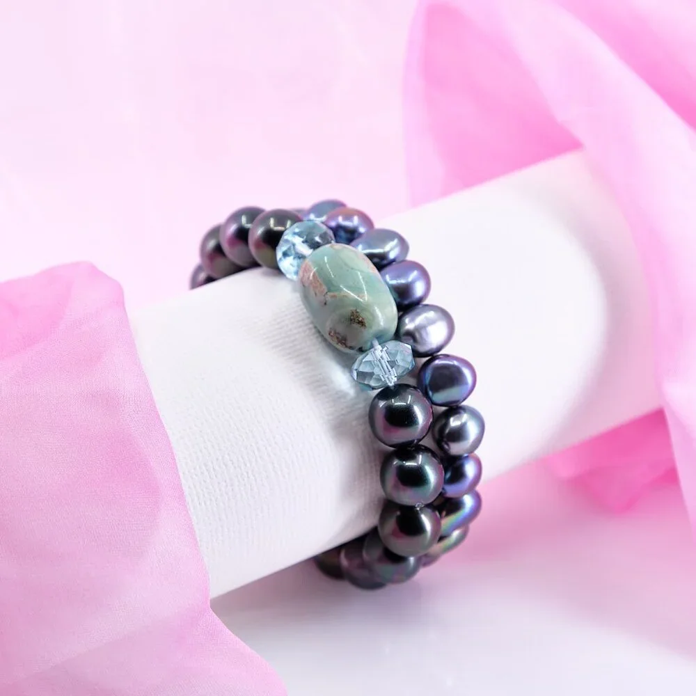 Pearl Bracelet w/Dragon Skin Agate & Aquamarine, Everyday Quiet Luxury Gift